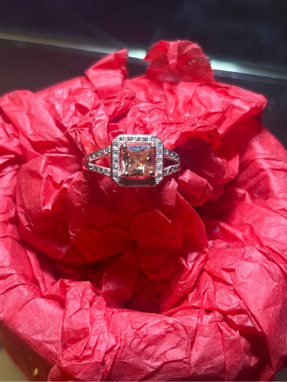 Sterling Silver Square-Cut Pink Halo Ring with Pave Accents